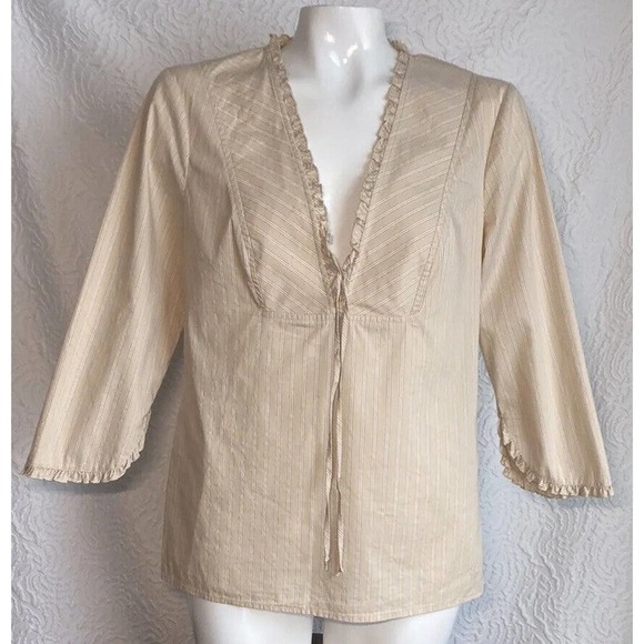 BCBG MaxAzria Womens Blouse Top Tan Stripes Ruffle Sleeve Edge Shirt Size 10 - Picture 3 of 13